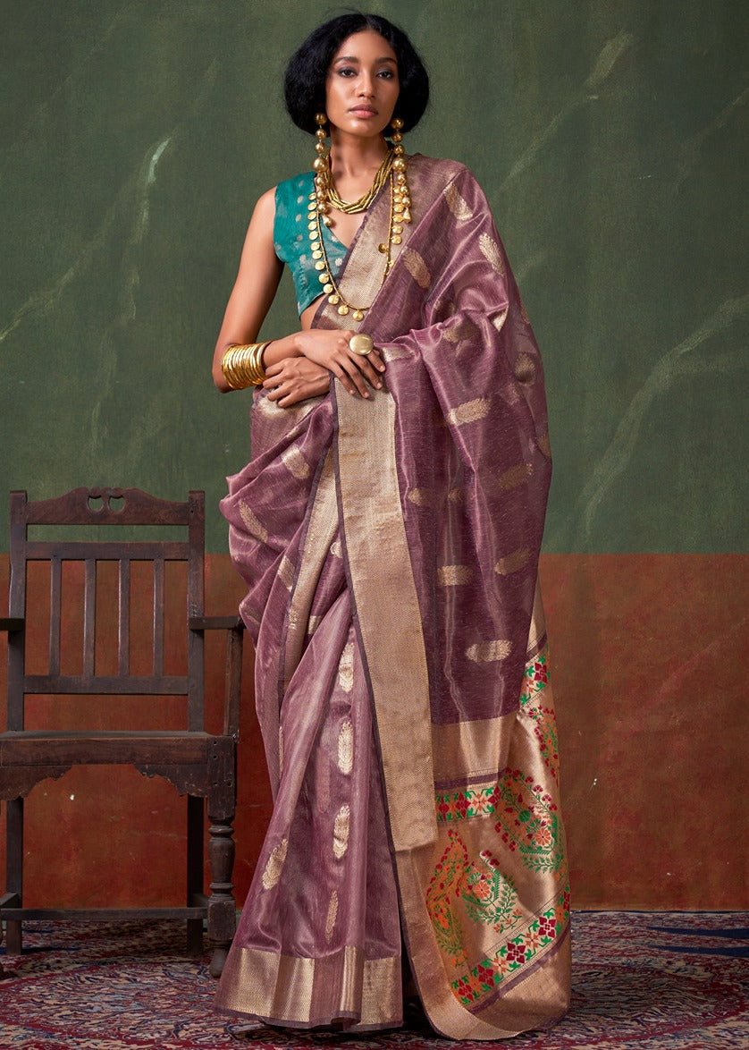 Pure Banarasi Tissue Silk Old Rose Pink Handloom Saree