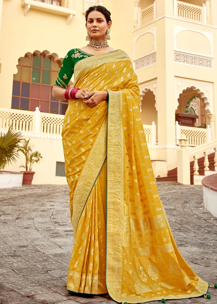 Dola Banarasi Silk Yellow Saree With Contrast Green Embroidered Blouse