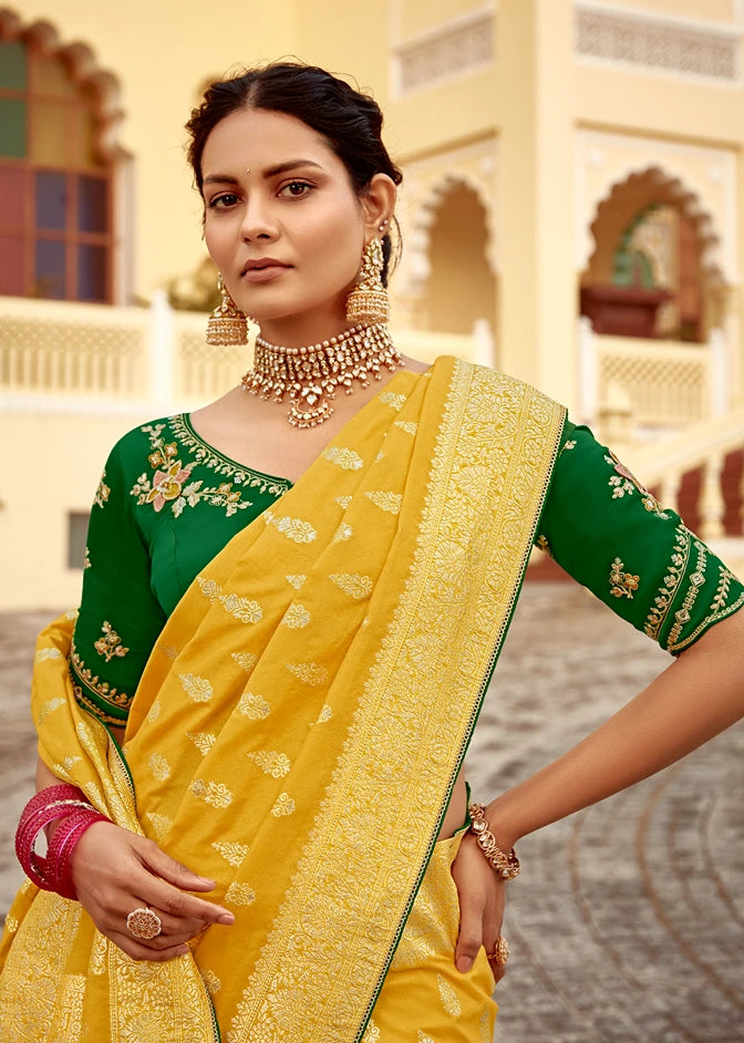 Dola Banarasi Silk Yellow Saree With Contrast Green Embroidered Blouse