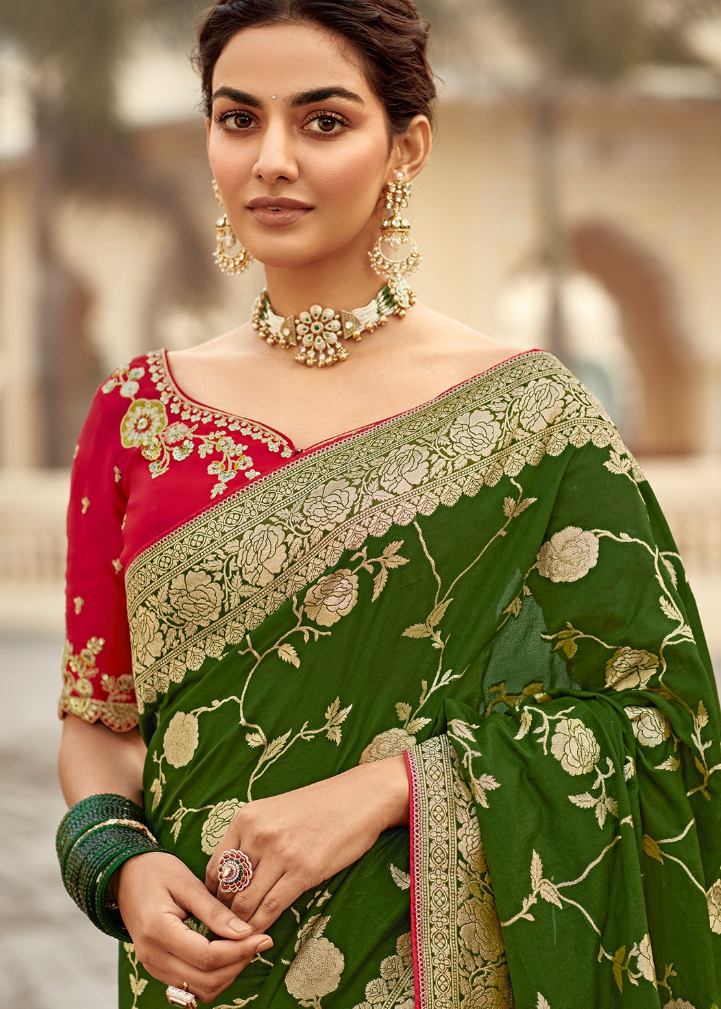 Banarasi Silk Bottle Green Bridal Saree