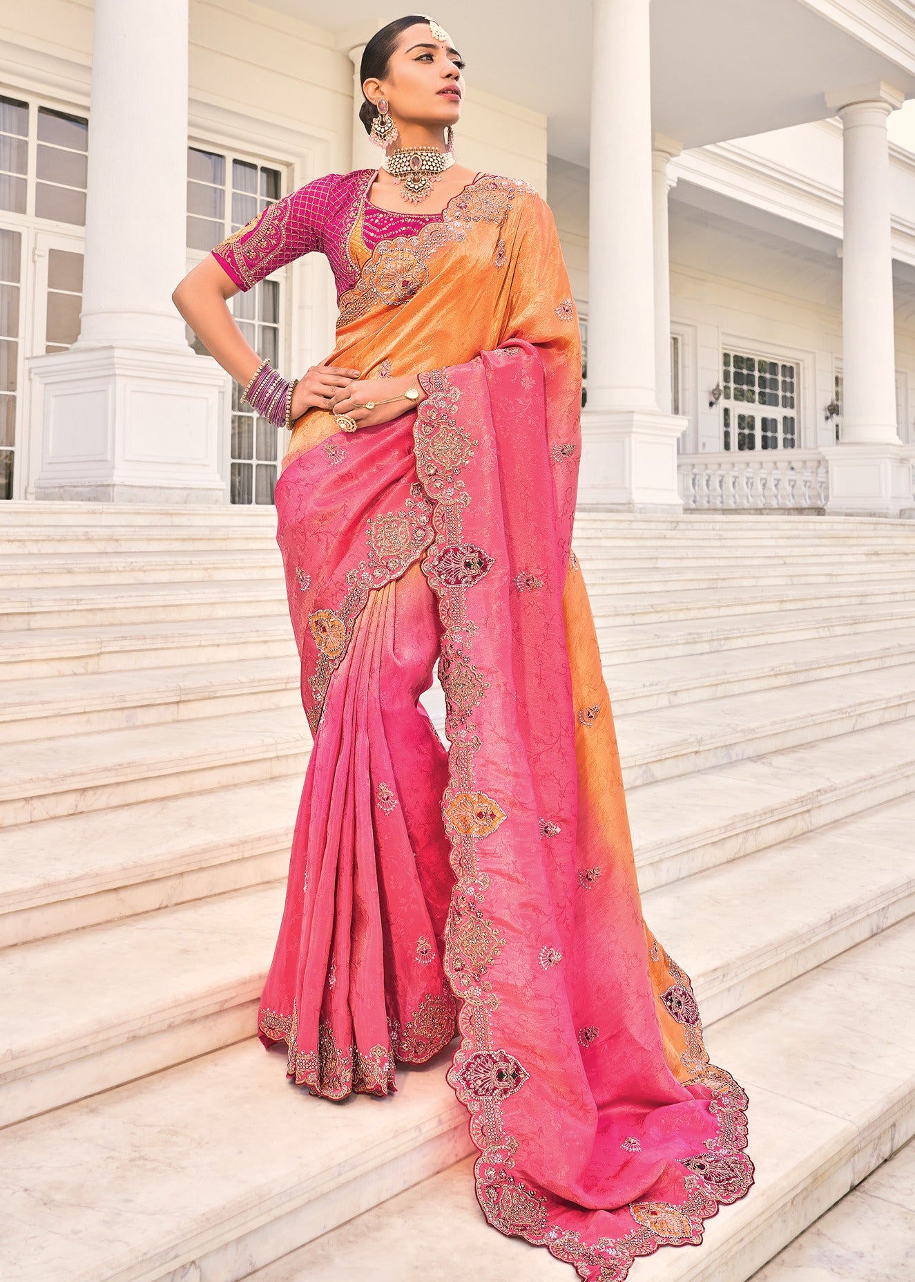 Soft Banarasi Silk Pink & Orange Ombre Handloom Saree With Heavy Embroidery Work