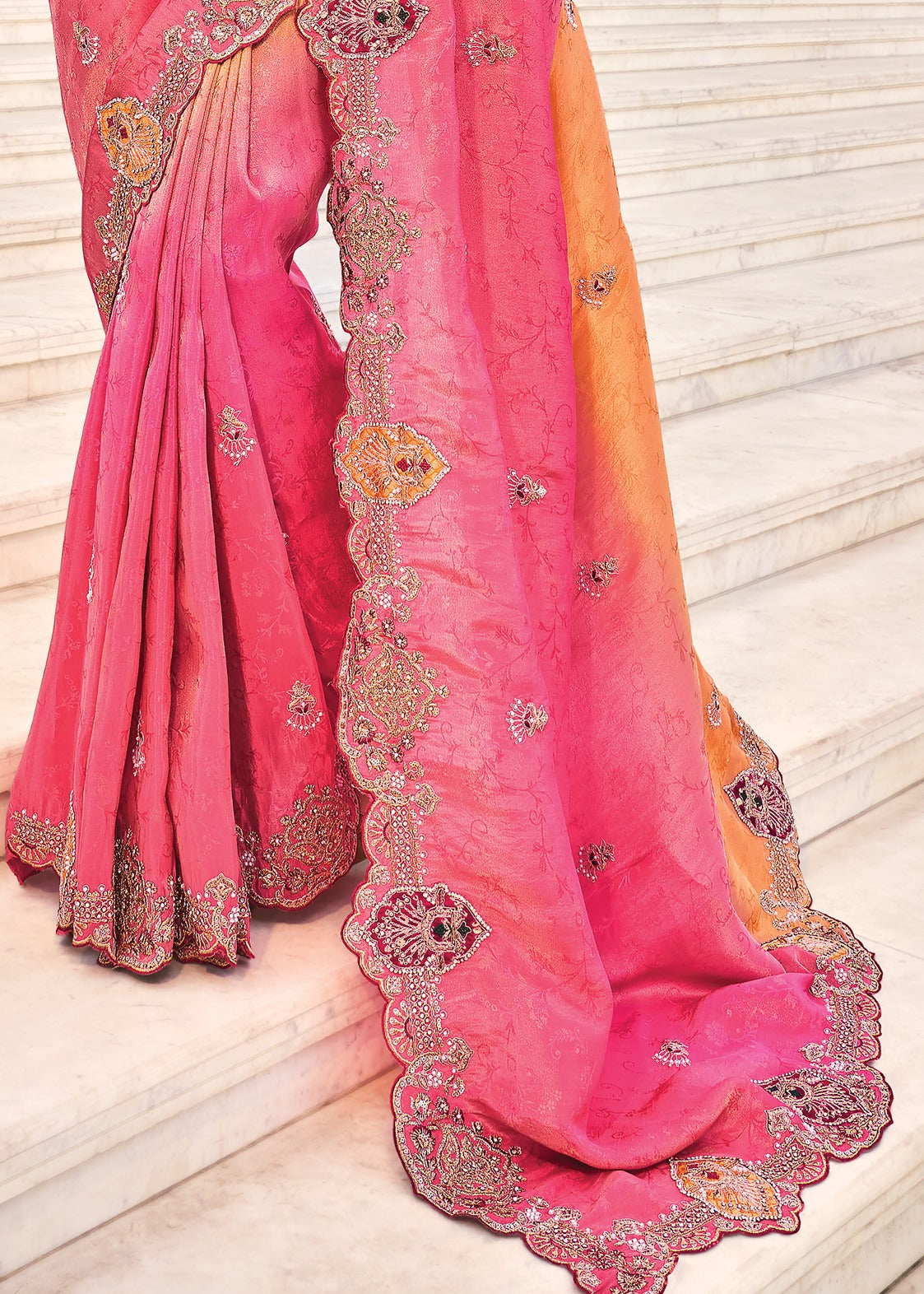 Soft Banarasi Silk Pink & Orange Ombre Handloom Saree With Heavy Embroidery Work