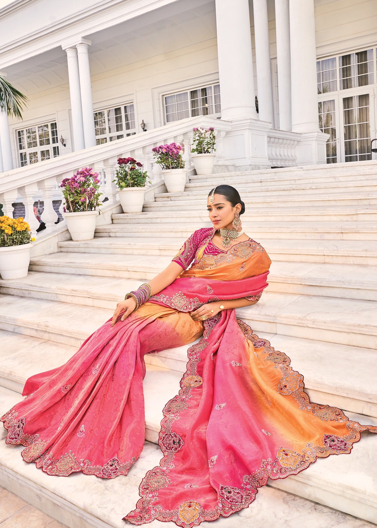 Soft Banarasi Silk Pink & Orange Ombre Handloom Saree With Heavy Embroidery Work