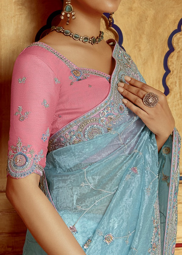 Pastel Blue Organza Tissue Silk Embroidered Saree With Contrast Pink Blouse