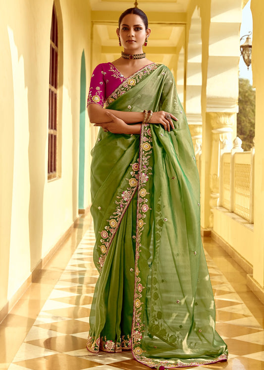 Green Organza Tissue Silk Embroidered Saree With Contrast Pink Blouse