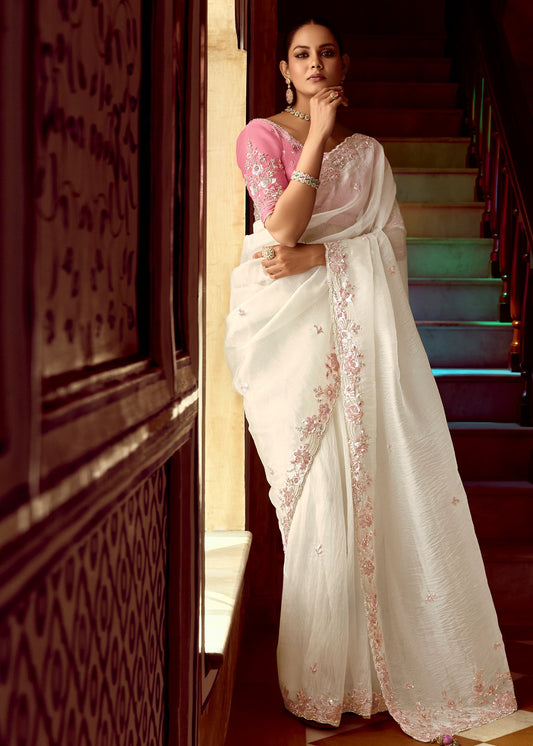 White Organza Tissue Silk Embroidered Saree With Contrast Pink Blouse