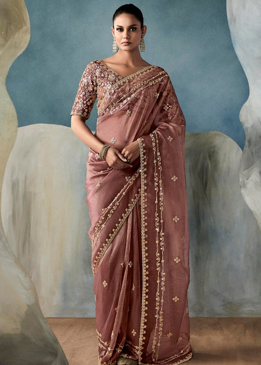 Brown Designer Tissue Saree With Sequins & Bead Work Embroidery