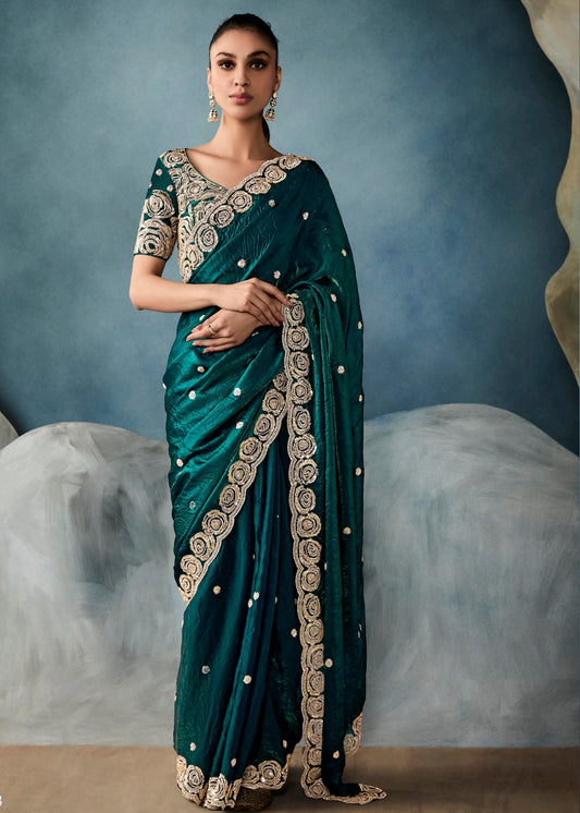 Dark Green Designer Tissue Saree With Sequins & Bead Work Embroidery
