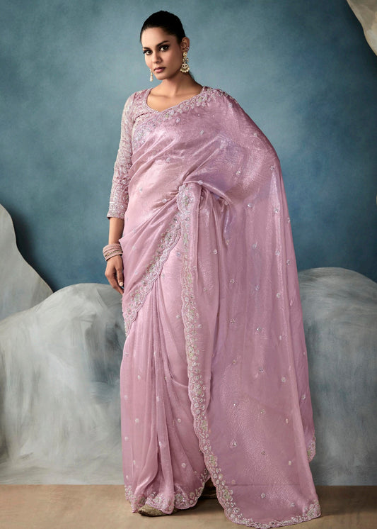 Pastel Pink Designer Tissue Saree With Sequins & Bead Work Embroidery