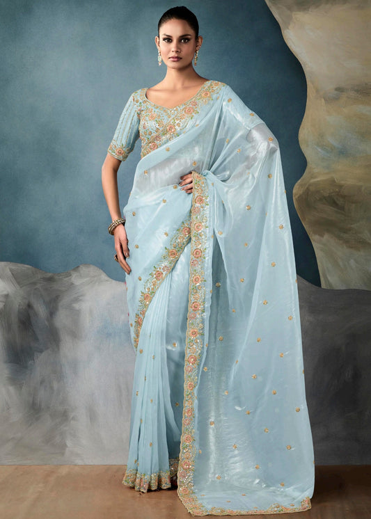Pastel Blue Designer Tissue Saree With Sequins & Bead Work Embroidery