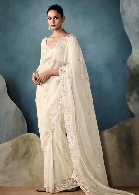 Off White Designer Tissue Saree With Sequins & Bead Work Embroidery
