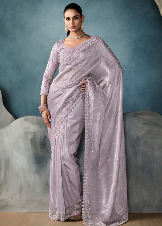 Lilac Purple Designer Tissue Saree With Sequins & Bead Work Embroidery