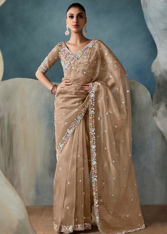 Golden Beige Designer Tissue Saree With Sequins & Bead Work Embroidery