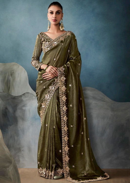 Mehendi Green Designer Tissue Saree With Sequins & Bead Work Embroidery