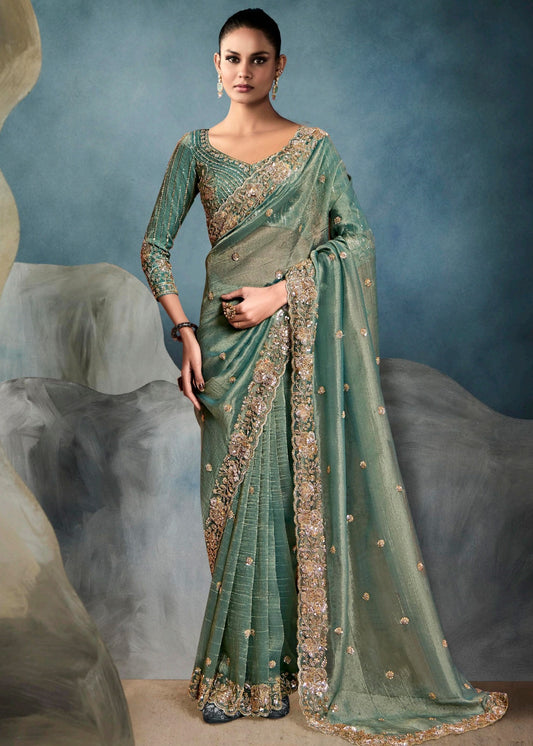 Ocean Green Designer Tissue Saree With Sequins & Bead Work Embroidery