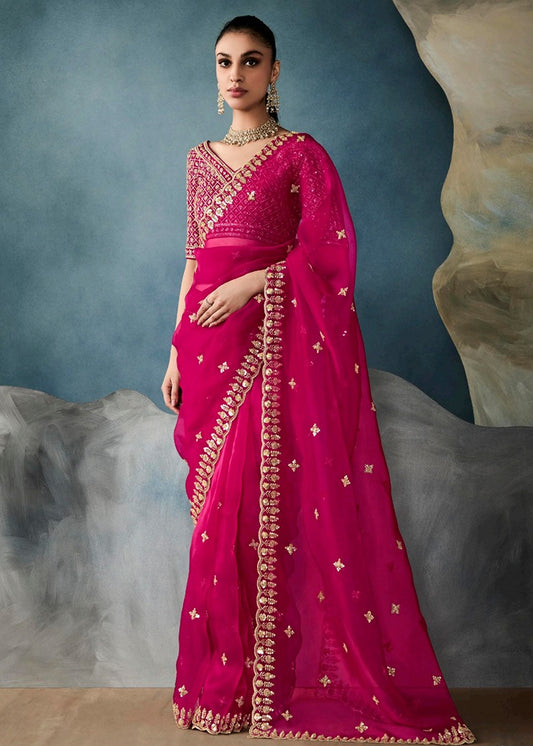 Hot Pink Designer Tissue Saree With Sequins & Bead Work Embroidery
