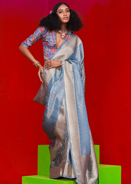 Pastel Blue Banarasi Tissue Silk Handloom Saree