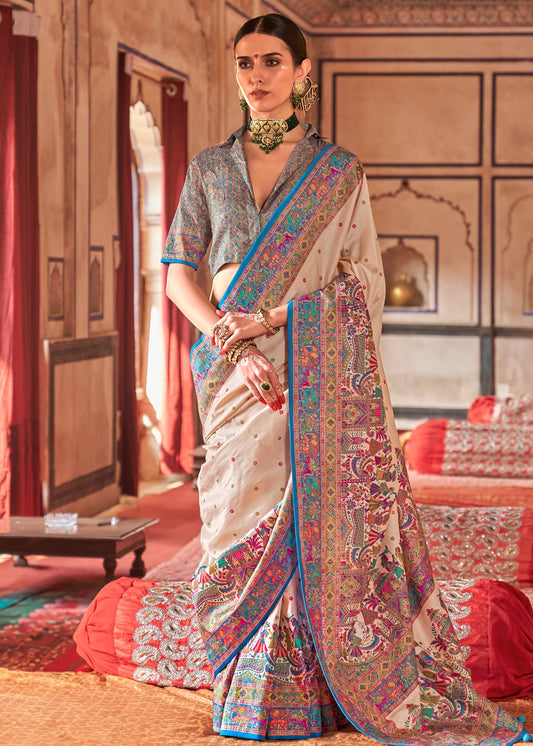 Designer Cream and Turquoise Blue Silk Saree With Ethnic Print