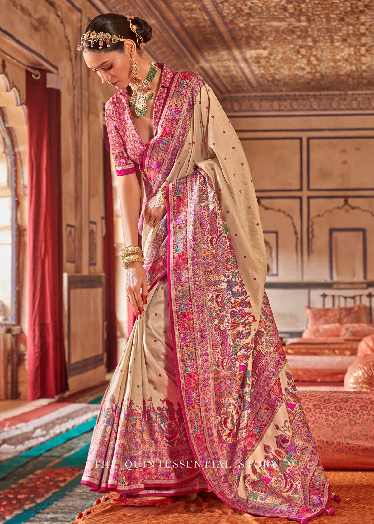 Designer Cream and Pink Silk Saree With Ethnic Print