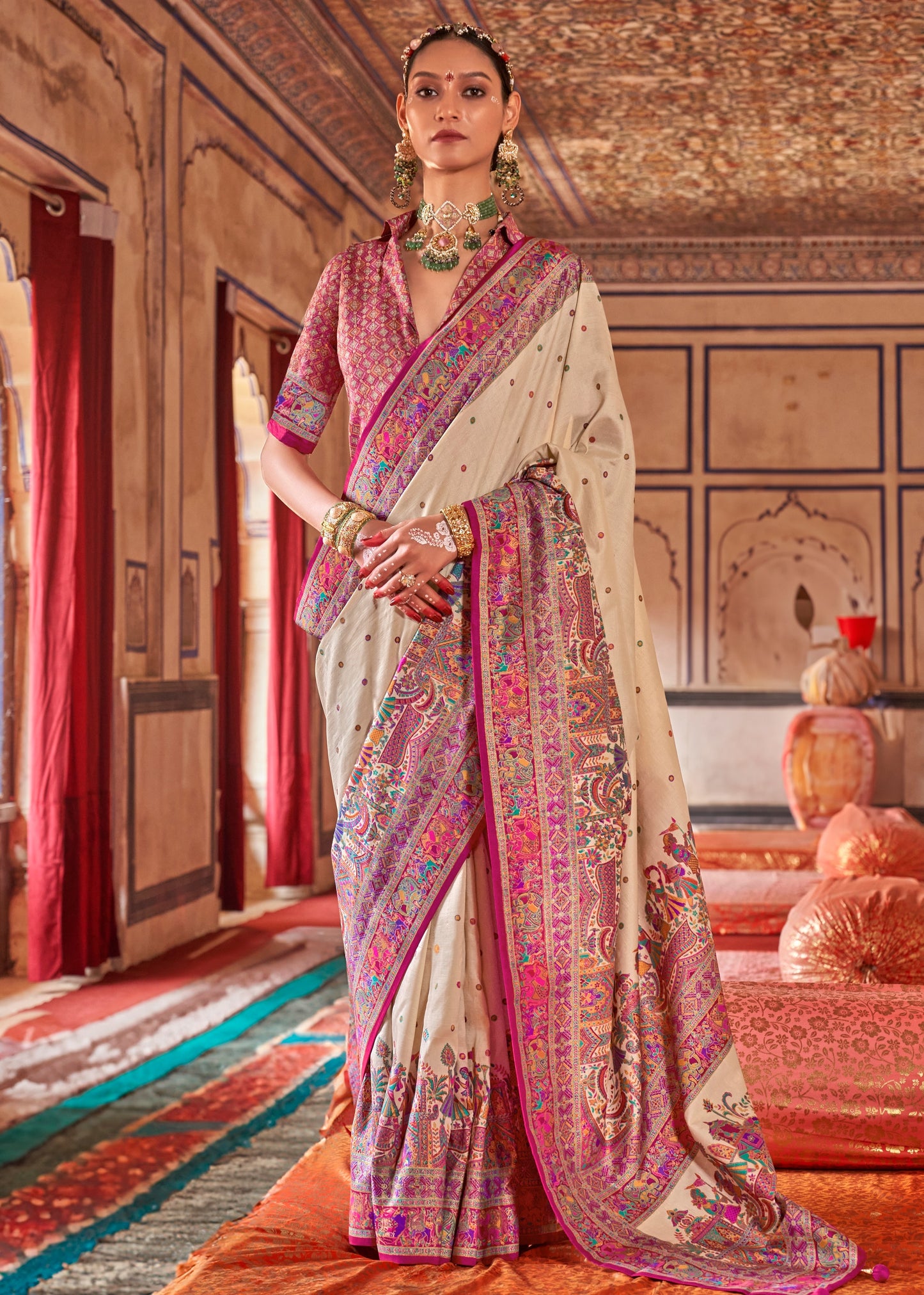 Designer Cream and Pink Silk Saree With Ethnic Print