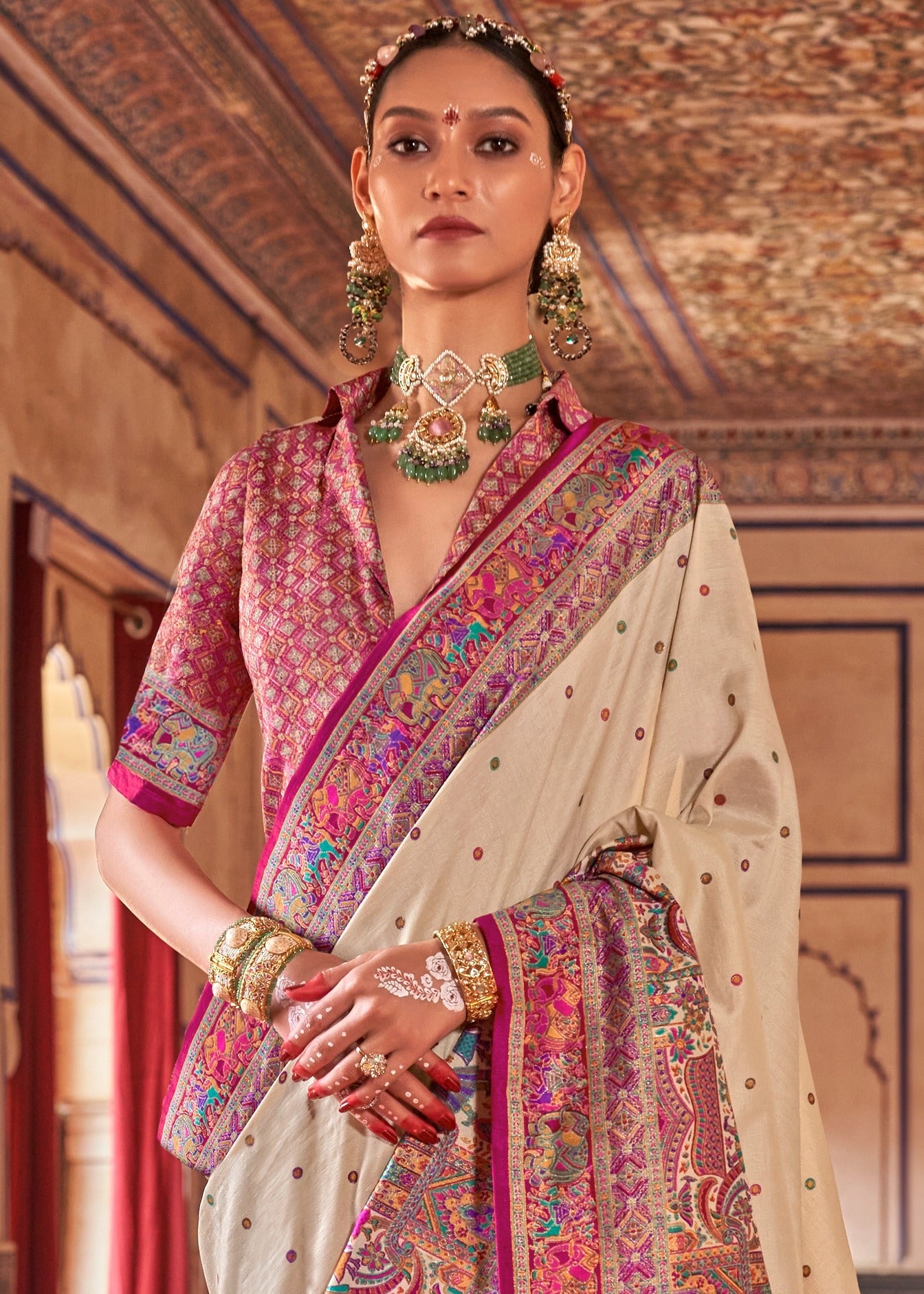 Designer Cream and Pink Silk Saree With Ethnic Print