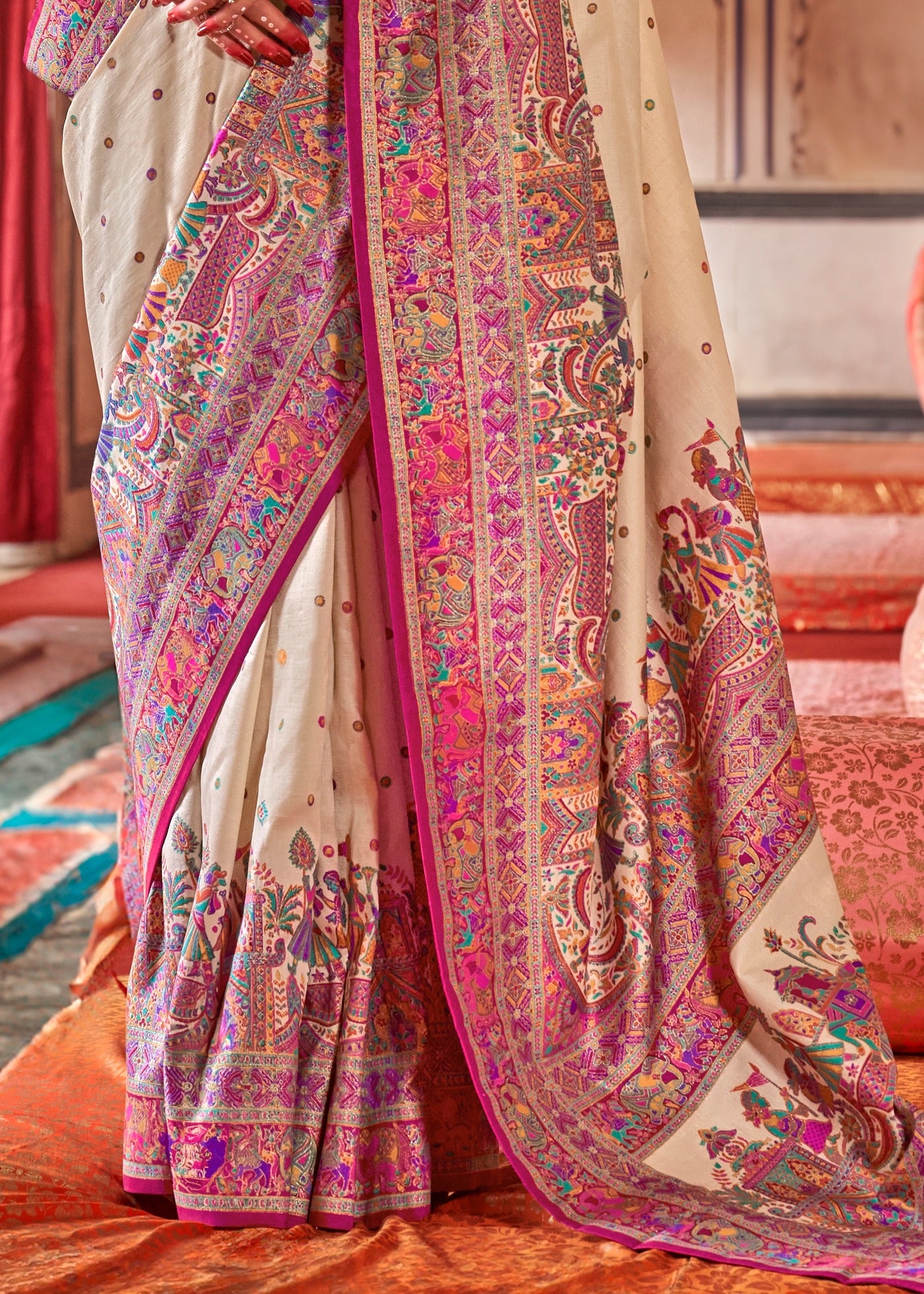 Designer Cream and Pink Silk Saree With Ethnic Print