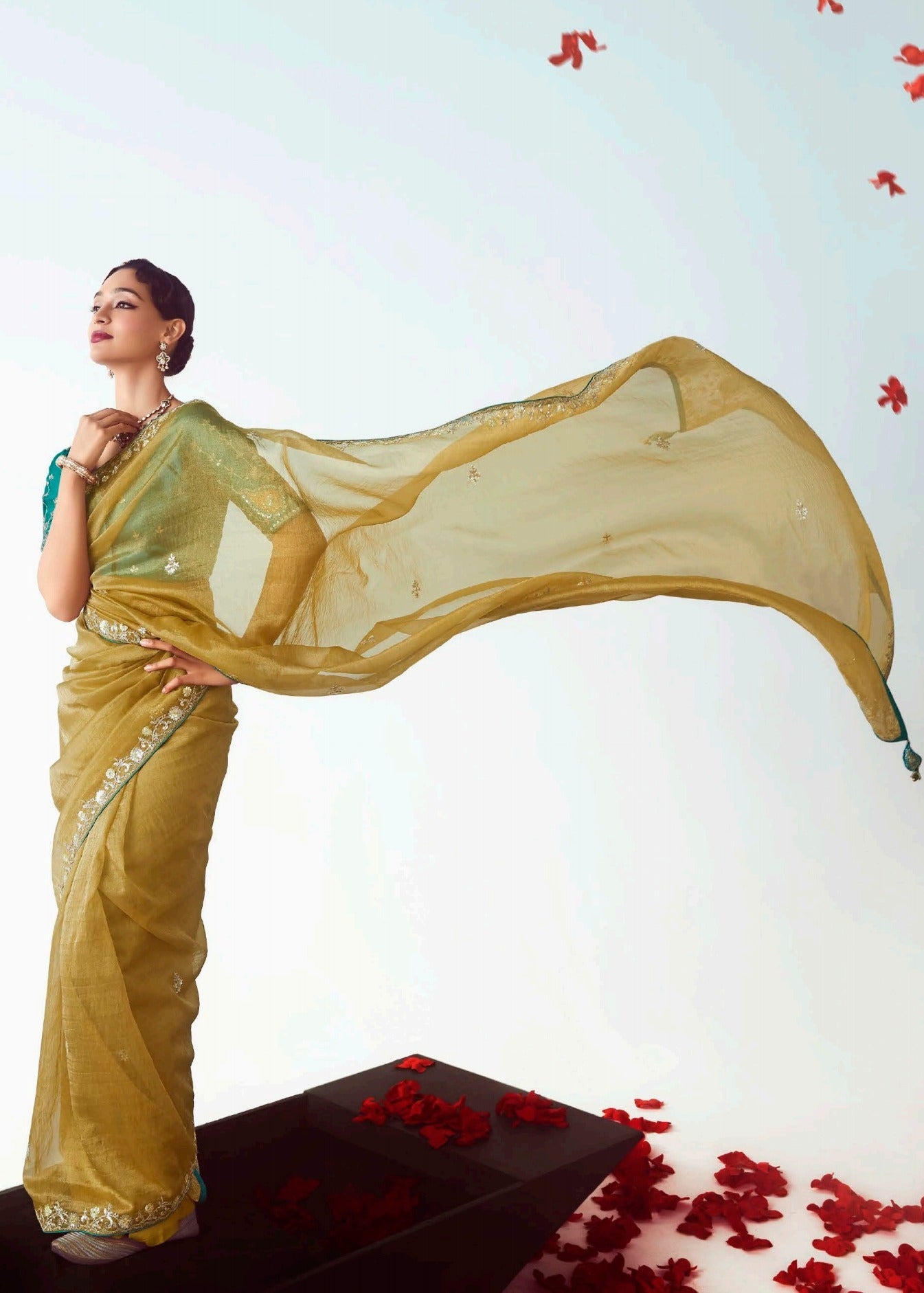 Golden Yellow Organza Tissue Silk Embroidered Saree with Teal Blue Banarasi Blouse