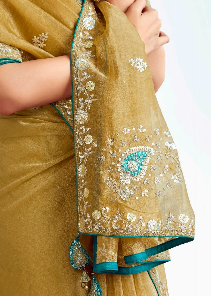 Golden Yellow Organza Tissue Silk Embroidered Saree with Teal Blue Banarasi Blouse