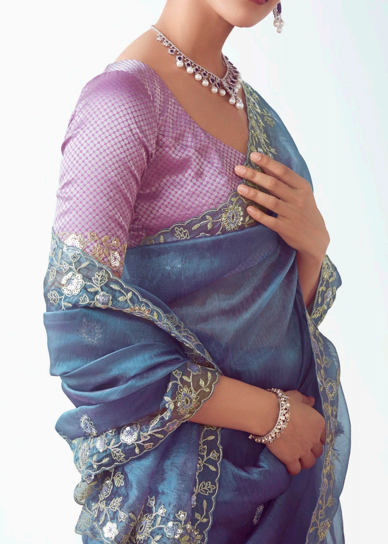 Pastel Blue Organza Tissue Silk Embroidered Saree with Pink Banarasi Blouse