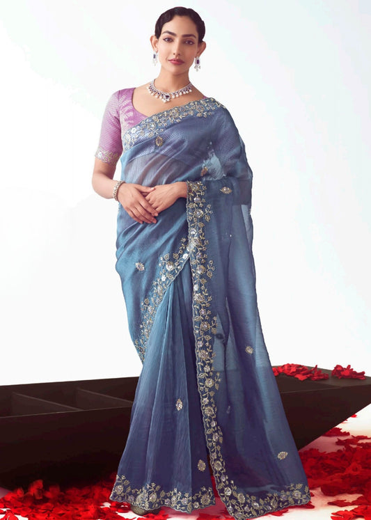 Pastel Blue Organza Tissue Silk Embroidered Saree with Pink Banarasi Blouse