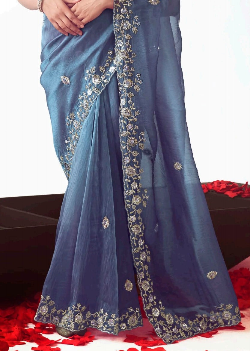 Pastel Blue Organza Tissue Silk Embroidered Saree with Pink Banarasi Blouse