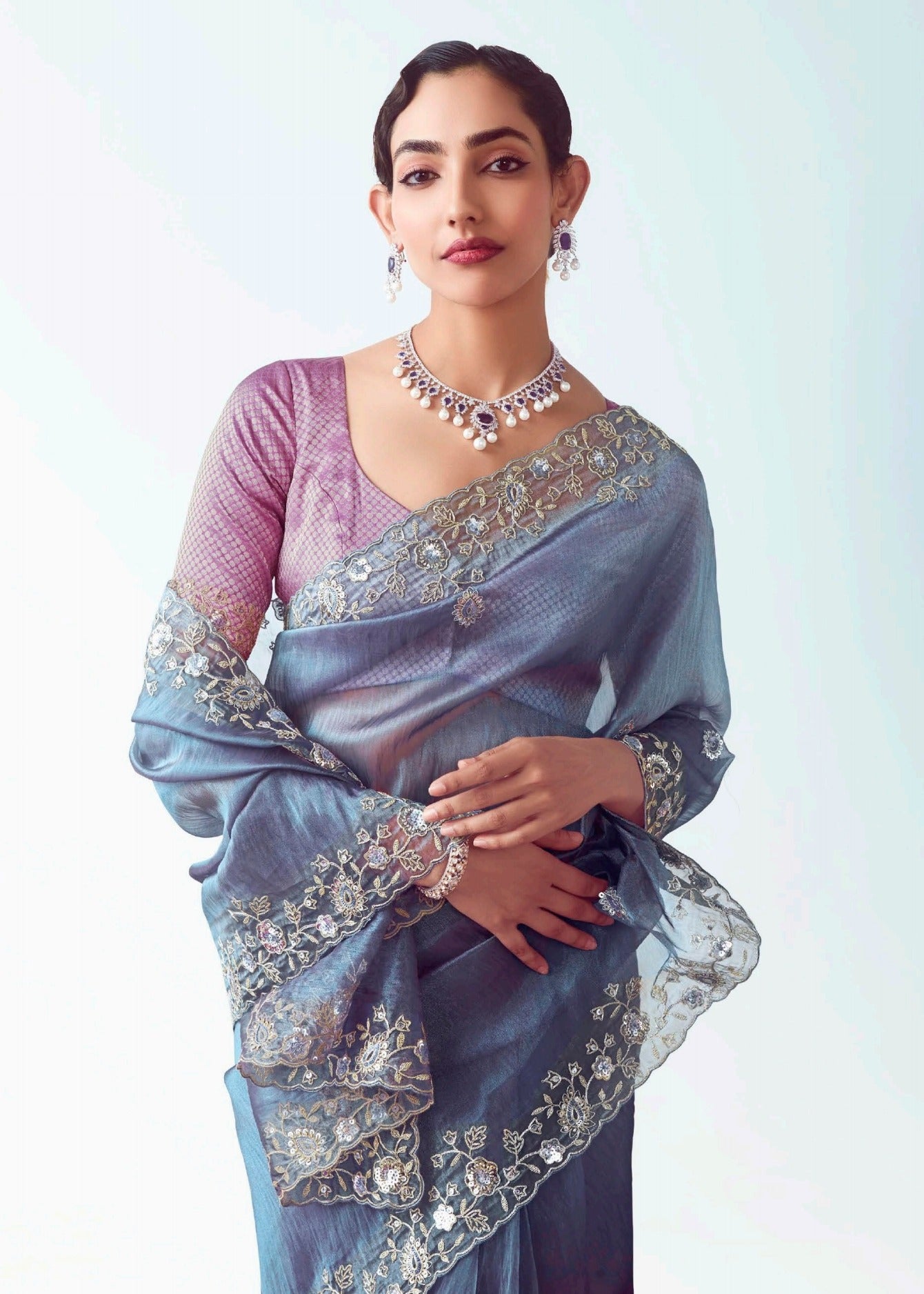 Pastel Blue Organza Tissue Silk Embroidered Saree with Pink Banarasi Blouse