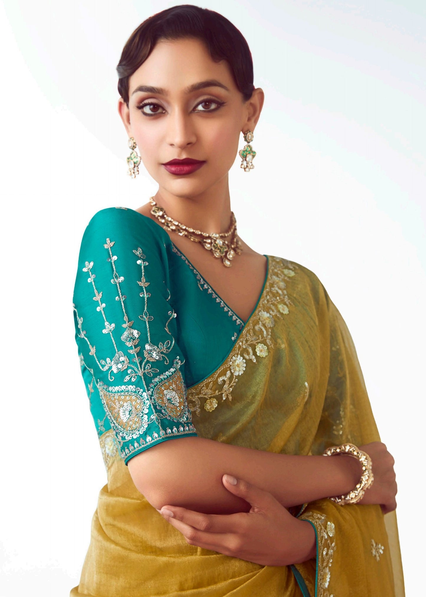Golden Yellow Organza Tissue Silk Embroidered Saree with Teal Blue Banarasi Blouse
