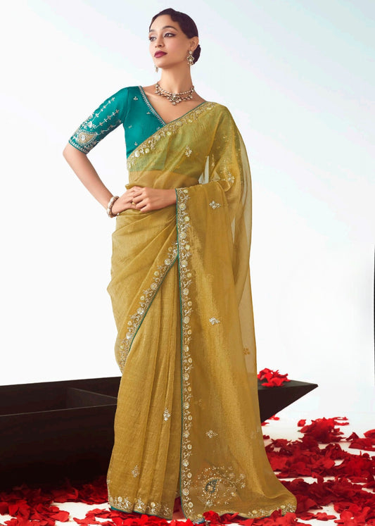 Golden Yellow Organza Tissue Silk Embroidered Saree with Teal Blue Banarasi Blouse