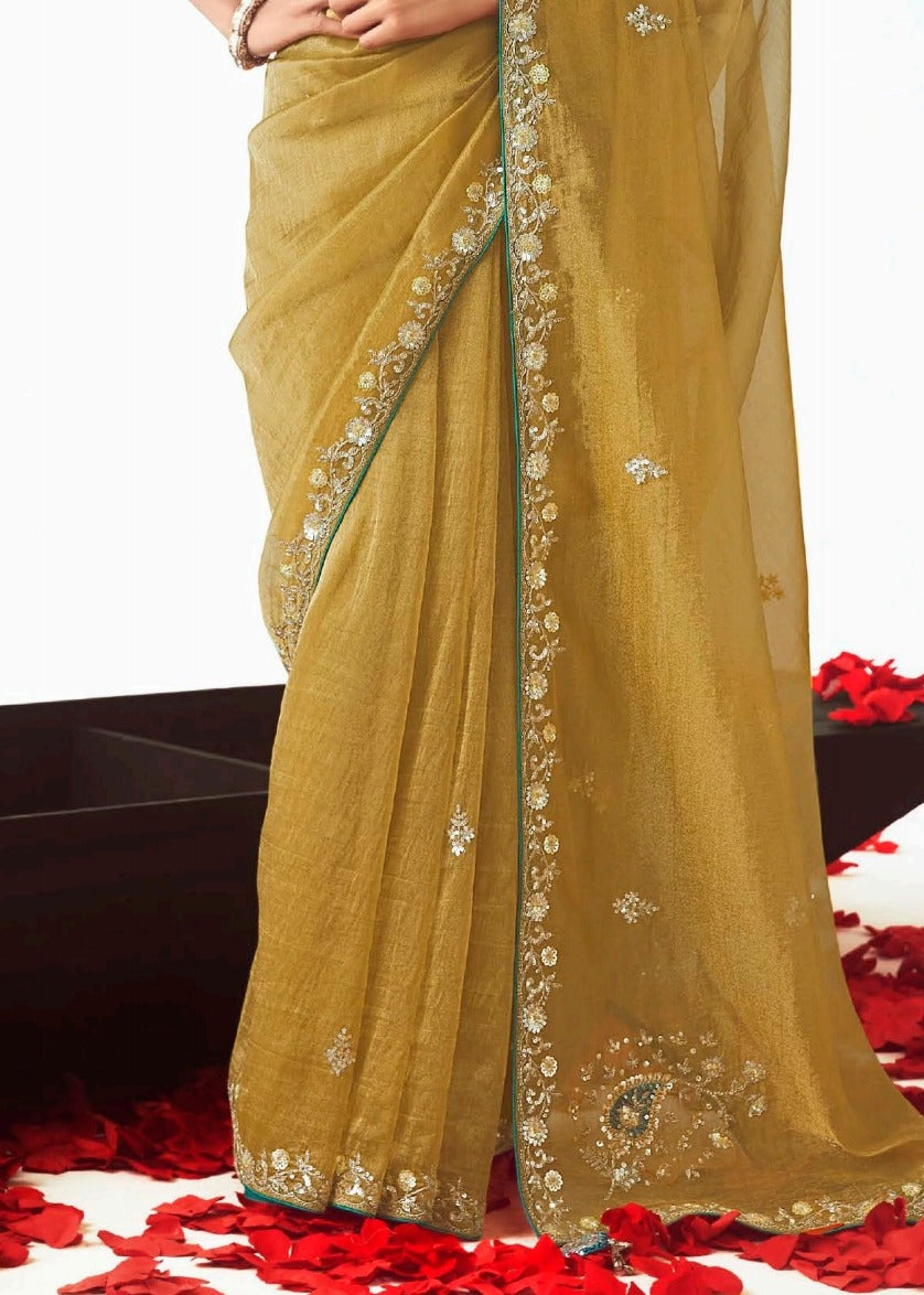 Golden Yellow Organza Tissue Silk Embroidered Saree with Teal Blue Banarasi Blouse