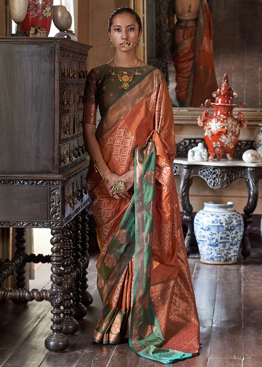 Rust Orange & Mehendi Green Kanjivaram Silk Zari Weaving Saree