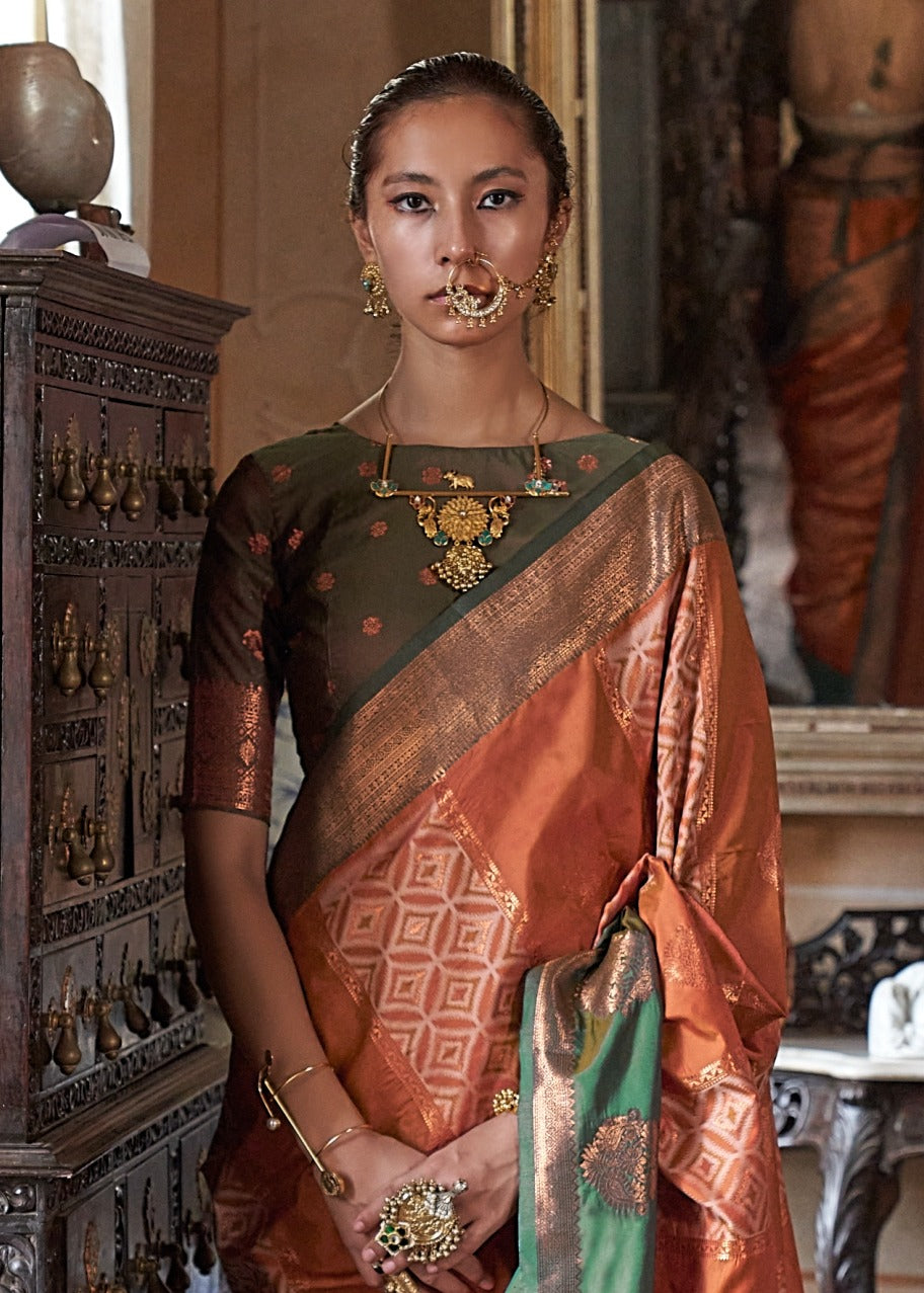 Rust Orange & Mehendi Green Kanjivaram Silk Zari Weaving Saree