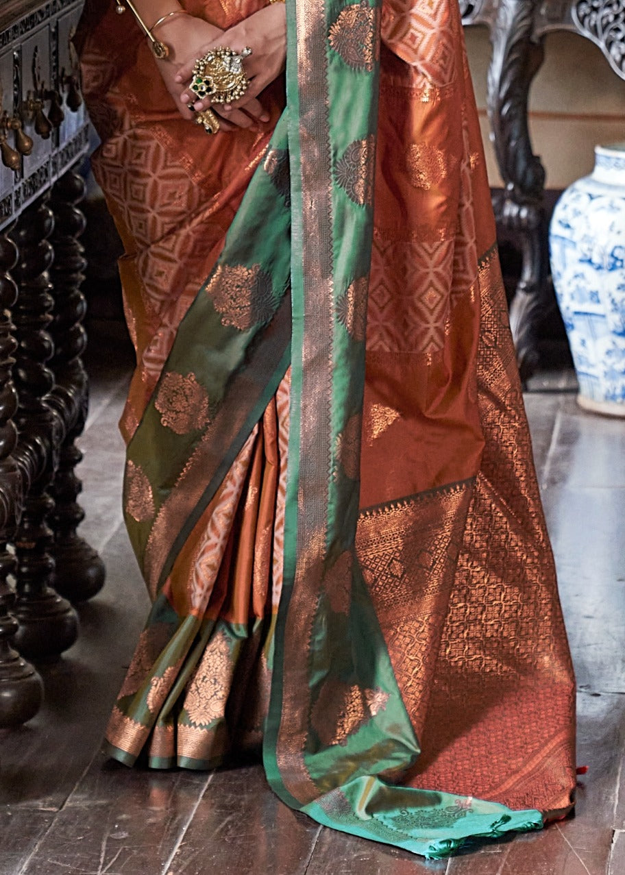 Rust Orange & Mehendi Green Kanjivaram Silk Zari Weaving Saree