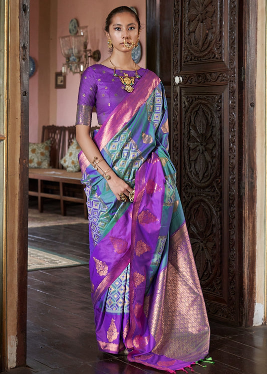Green & Purple Kanjivaram Silk Zari Weaving Saree