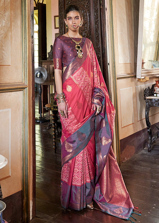 Carrot Red & Mud Grey Kanjivaram Silk Zari Weaving Saree