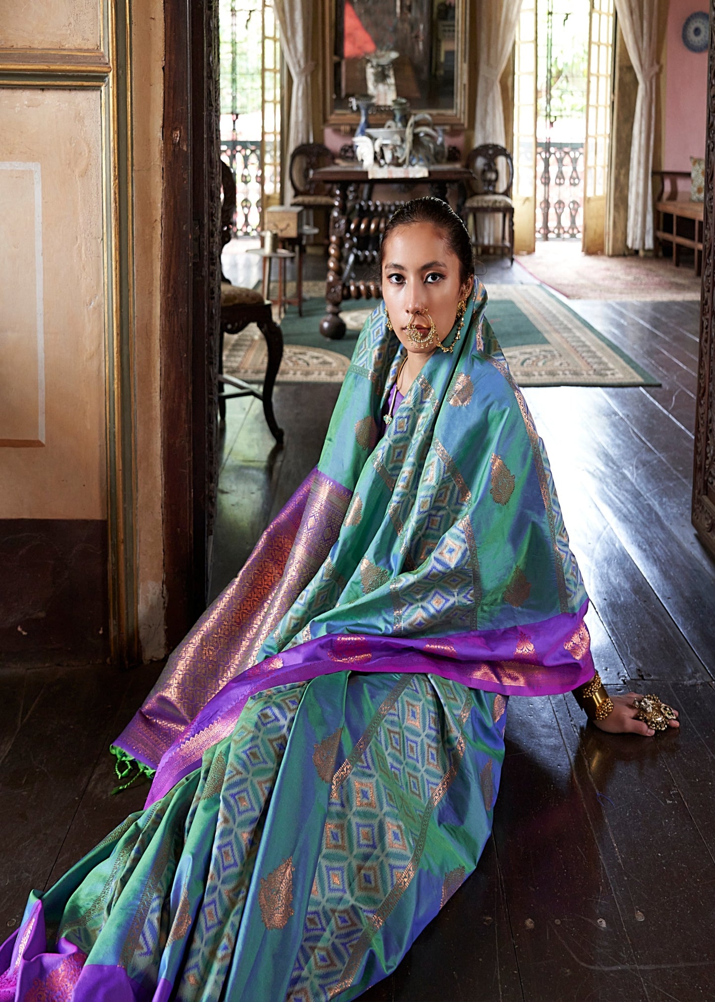 Green & Purple Kanjivaram Silk Zari Weaving Saree