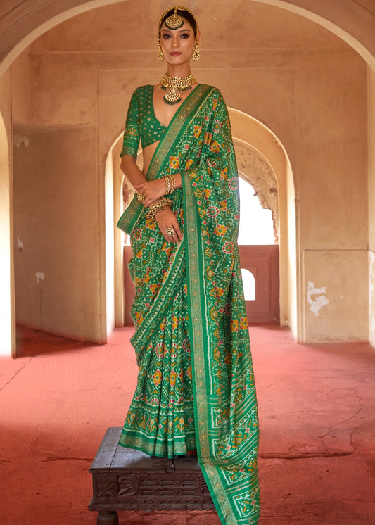 Traditional Design Emerald Green Patola Silk Saree