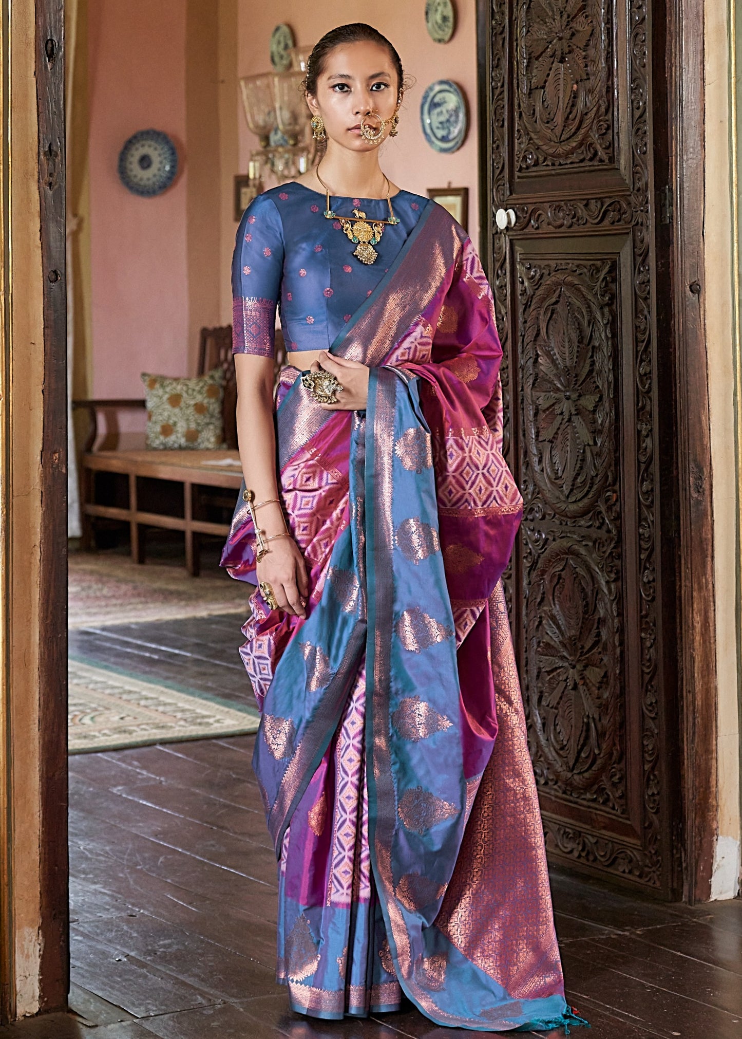 Hot Pink & Blue Kanjivaram Silk Zari Weaving Saree
