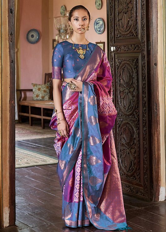 Hot Pink & Blue Kanjivaram Silk Zari Weaving Saree
