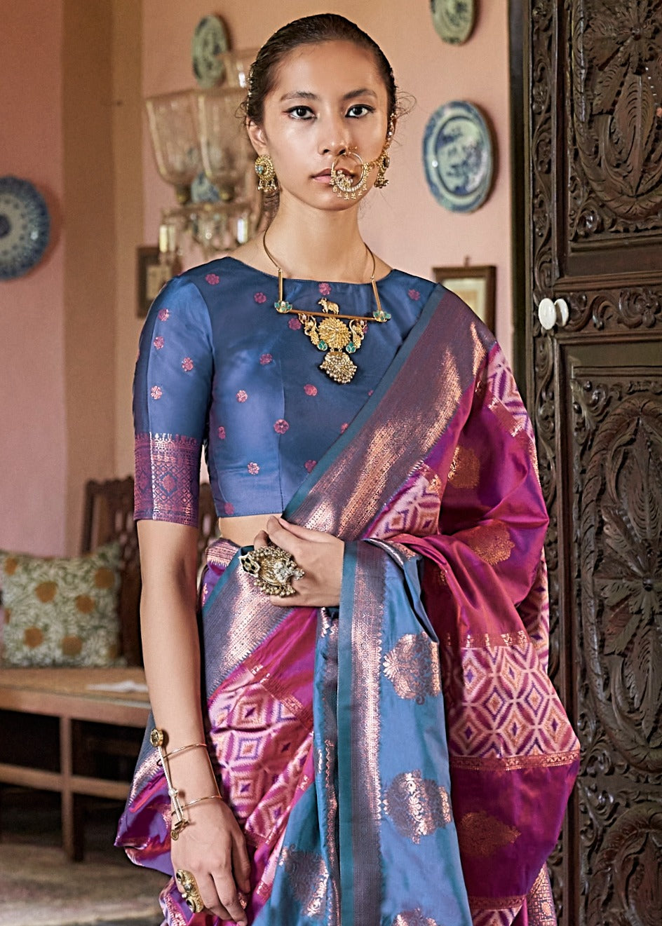 Hot Pink & Blue Kanjivaram Silk Zari Weaving Saree