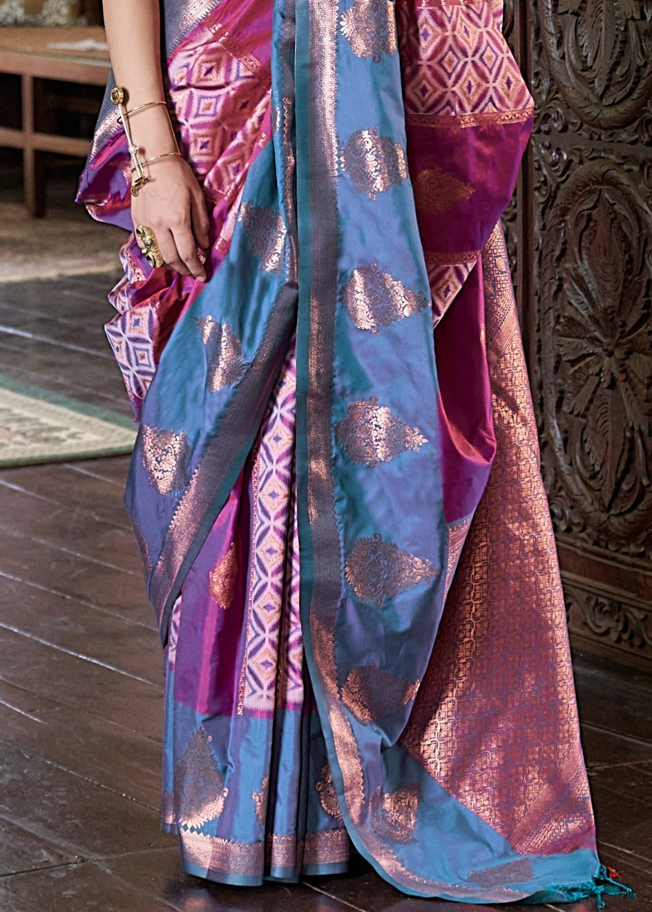 Hot Pink & Blue Kanjivaram Silk Zari Weaving Saree