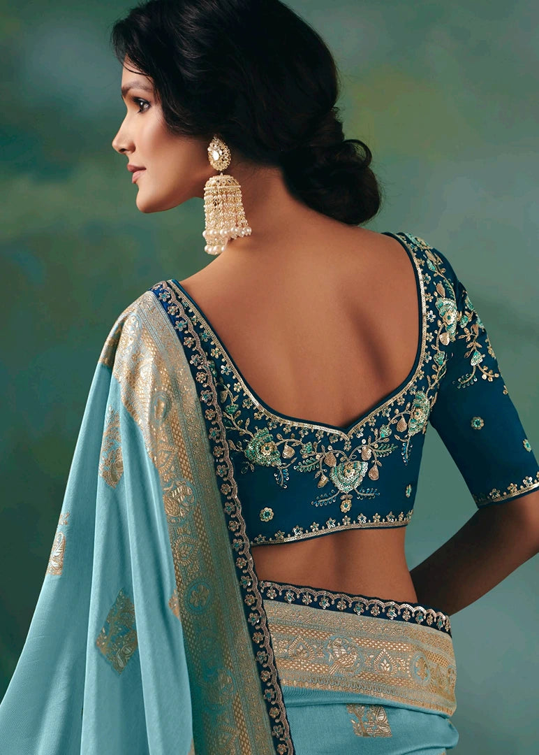 Two Tone Sky Blue Banarasi Silk Bridal Saree & Navy Blue Embroidered Blouse