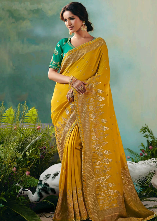 Yellow Banarasi Silk Bridal Saree & Green Embroidered Blouse