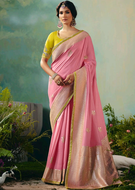 Pastel Pink Banarasi Silk Bridal Saree & Yellow Embroidered Blouse