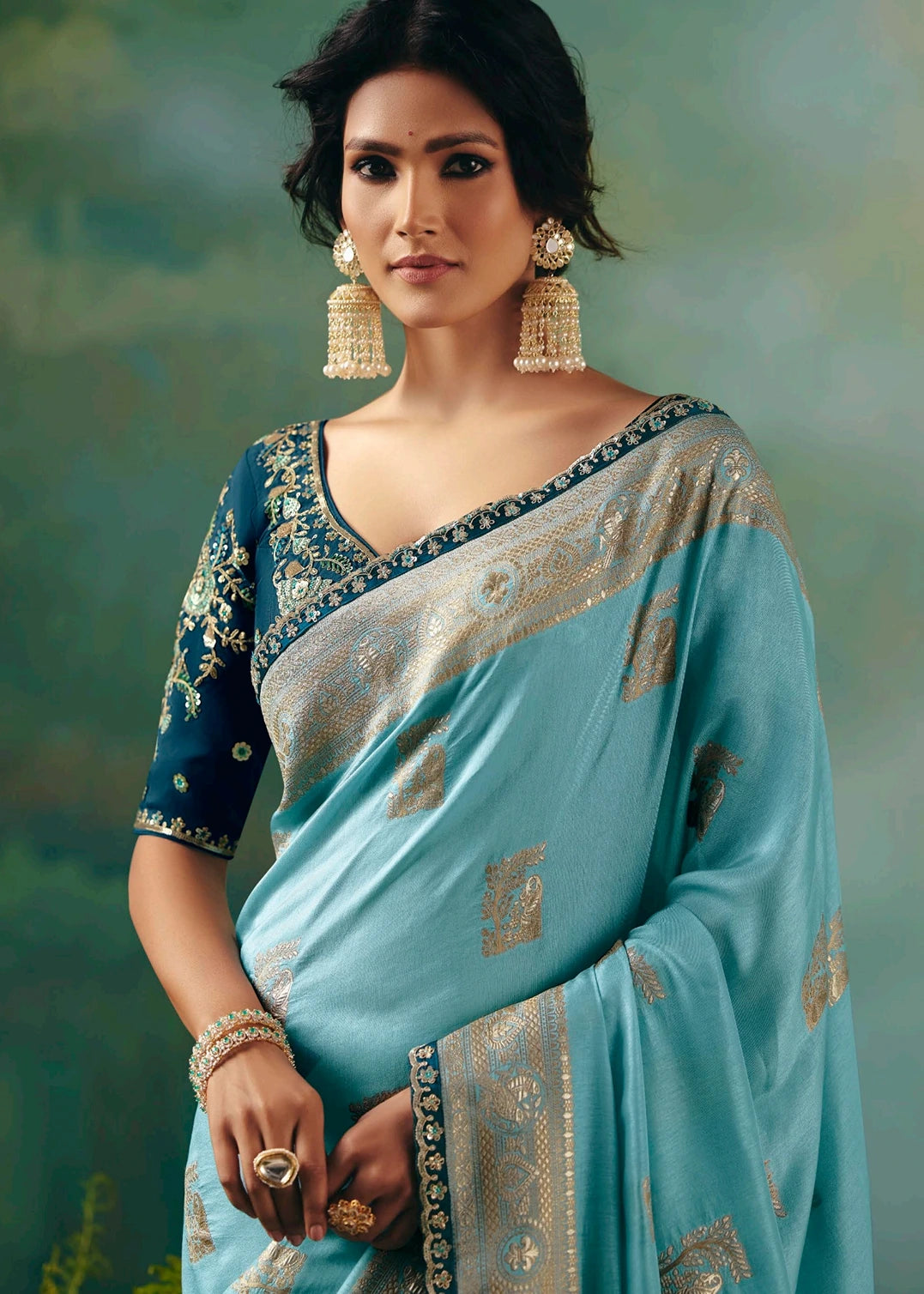Two Tone Sky Blue Banarasi Silk Bridal Saree & Navy Blue Embroidered Blouse